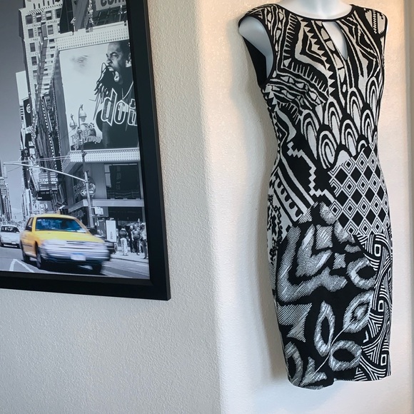 CACHE knit sweater dress, graphic black/white, keyhole neck, back zip. M EUC - Picture 1 of 15